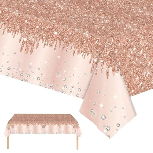 2 stycken rödgyllene bordsduk, party engångsdukar, 137 x 274 cm, glänsande, glittrande, diamanter, roséguld, fest, rektangulär, matbord för babyparty, bröllop, födelsedag, prinsessa