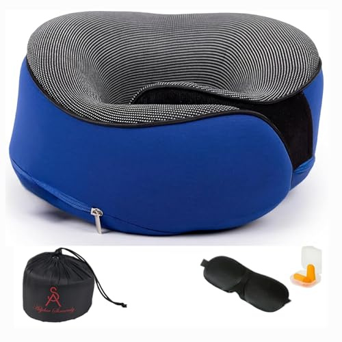 Coussin Nuque Avion Premium – Oreiller Cervical Mousse Viscoélastique Haute Densité – Accessoires Voyage Long Courrier Train Bus – Masque Sommeil + Bouchons Anti Bruit – Léger et Portable
