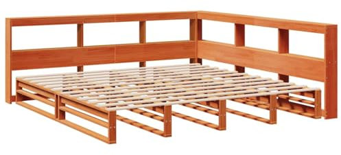 vidaXL Massivholzbett mit Regal ohne Matratze Wachsbraun 200x200 cm, Holzbett mit Regal, Massivholzbett mit Regal, Bett, Holzbett mit Bücherregal