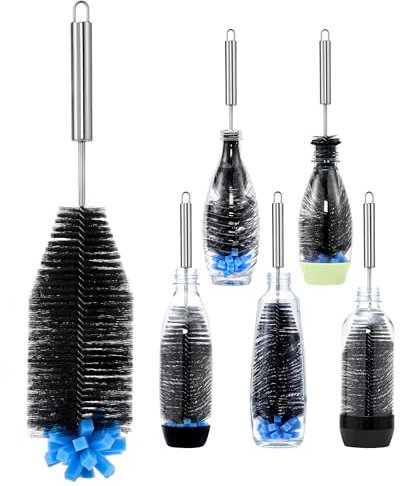 vinlley Die 40 cm Bürste ist ideal für Sodastream-Glas- und Duo-Kunststoffflaschen. Sie hat Harte Borsten und einen weichen Schwamm, Hergestellt aus Edelstahl SUS304, Reinigt kraftvoll, 2 Pack Schwarz