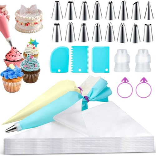 124 Stück Einweg Spritzbeutel Set mit 16 Tüllen und Zubehör – 30x20cm Piping Bags, 3 Spachtel, 2 Kupplungen & Silikonbänder für Kuchen, Cupcakes und Kekse