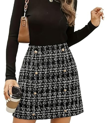 KIJSKKOPO Minifalda Tweed para Mujer, Negra A Cuadros, Talle Alto, Corte En A, Ajustada, Estilo Lápiz, Ideal para Otoño E Invierno. Falda Elegante Oficina con Botones Simulados, Color Negro, Talla