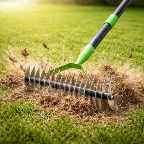 Heavy Duty Thatch Rake for Lawns, 13 Dual-Sided Lawn Dethatcher with 21 Carbon Steel Tines, Manual Dethatching Scarifier Rake for Dead Grass, Moss & Thatch Removal, 70 Adjustable Handle