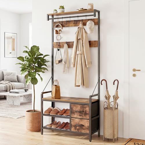 HOKEEPER Garderobenständer mit Sitzbank & Schubladen, Multifunktionale Garderobe mit Kleiderstange, Schuhregal und Aufbewahrung für Flur Schlafzimmer,80x30x180cm