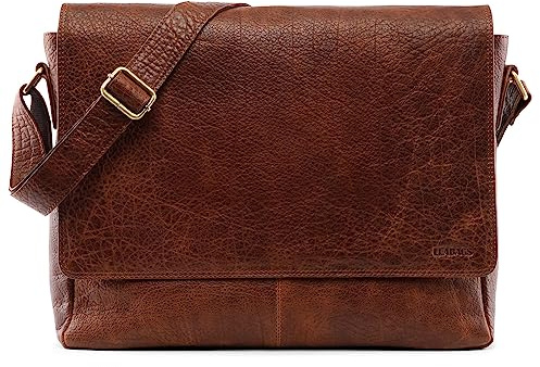 LEABAGS Läderaxelväska herr och dam I Messenger Bag med axelrem I äkta läder laptopväska upp till 15 tum I axelväska I arbetsväska I bärväska I handväska, kanel, 38x10x31 cm, Bohemisk, dekonstruerad