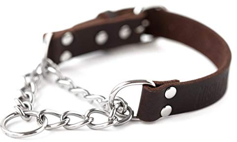 Mighty Paw Martingale Dog Collar - No Pull Design - Stainless Steel Chain - Limited Chain Cinch Training - Brown Leather Martingale Training Collar - Small Size