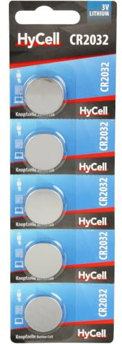 HyCell Piles Bouton Lithium CR2032 3V 200 mAh (Lot de 5) – Piles Plates Standard résistantes et à Longue durée de Vie – Piles Boutons pour Montre, télécommande, tensiomètre, etc.