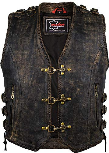 Gilet en cuir pour homme au style vintage/motard., Marron vintage, L