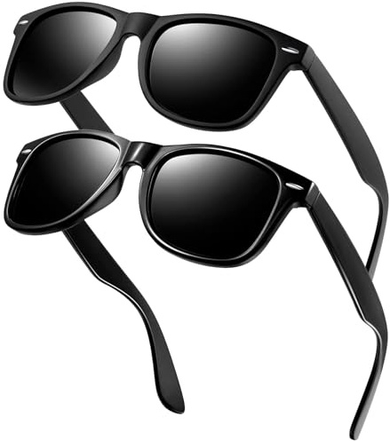 KANASTAL Occhiali da Sole Uomo Donna Polarizzati Neri 2 Paia Scuri Opachi Quadrati UV400 Vintage Retrò Vintage Black Sunglasses per Spiaggia Viaggio Pesca Golf -Nero Lucidi + Nero Opaco