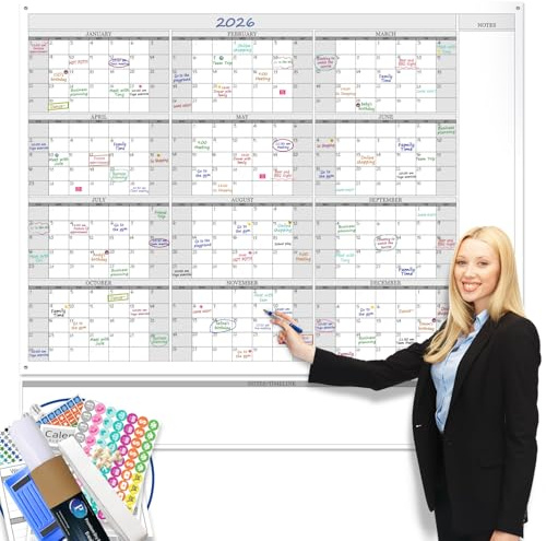 Jumbo Dry Erase Yearly Whiteboard Wall Calendar, 46 x 63, Huge 12 Month Laminated Erasable White Board, Giant Annual Family Schedule Planner, Large Undated Reusable Year Poster