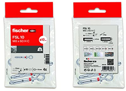 fischer - Tacos anclaje metálico de expansión, tacos hormigón, pared con gancho, Bolsa 4 uds FSL M8x60