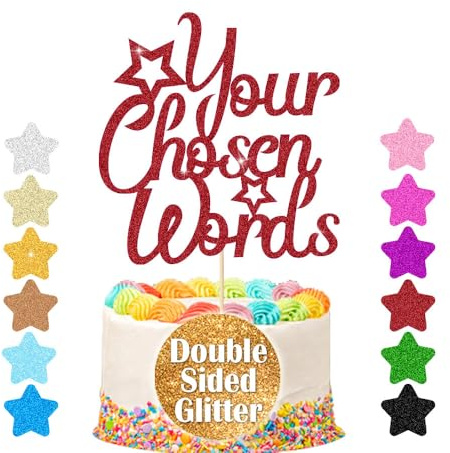 Personalised Cake Topper | Customized Birthday Cake Decorations. Double Sided Glitter Card Text Customized | Birthday or Wedding Party Multicolour Glitter Cake Decoration(Red)