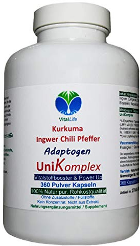 KURKUMA + INGWER + CHILI + PFEFFER - Piperin & Curcumin - UniKomplex - 360 Pulver Kapseln - Natur pur - OHNE ZUSATZSTOFFE. 27040-360