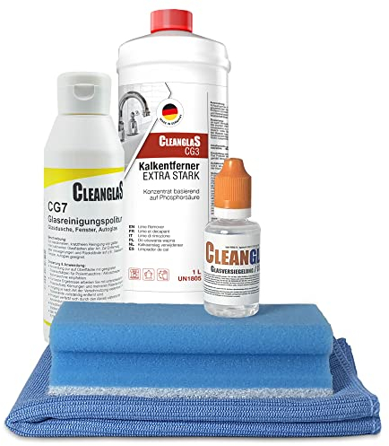 CleanglaS Reinigungsset Dusche | Made in Germany | Kalkentferner Extra Stark CG3 (1L Konzentrat mischbar bis 100L) | Nano-Versiegelung mit Lotus-Effekt (24 m²) | Glas-Reinigungspolitur 250ml