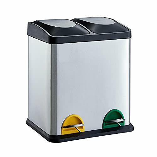 Evre Recycling Bin with Lids for Kitchen / 40 Litre Capacity / 2 Compartments Waste Separation (40L (20L+20L)) Silver