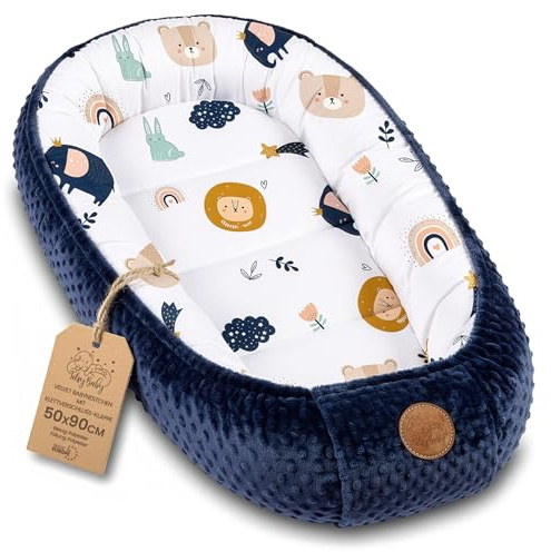 Gosigt Bebisnäste Nyfödd – Baby Nest mjukt bärbart och bekvämt för Spjälsäng Barnsäng Vagga Barnrum och Resa – ombonat mysigt för Pojke Flicka 90x50 cm Regnbåge mörkblå