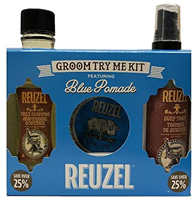 Reuzel Groom Try Me Kit - Blue Pomade - Hair Styling Set & Travel Set: Blue Pomade 35 g, Daily Shampoo 100 ml, Surf Tonic 100 ml