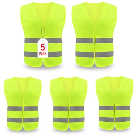 Safety Vests 5 Pack, Reflective High Visibility Vest,Hi Vis Reflective Strip, Men Women, Surveyor, Volunteer, Construction(Yellow,5)