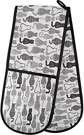 Lange Doppel-Ofenhandschuhe, Katzen-/Kätzchen-Muster, hitzebeständig, gesteppt, Küchen-/Ofenhandschuhe mit Schlaufe, waschbar für Mikrowelle, Kochen, Backen, Grillen, Grillen, 17,8 x 88,9 cm