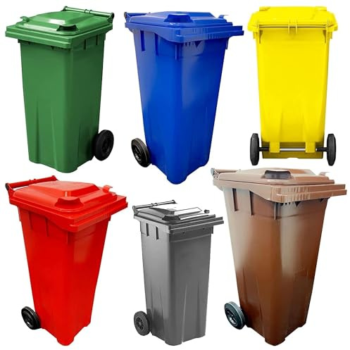 Wheelie Bins Compact 140L Red, Blue, Green, Brown, Grey & Yellow | Home Workplace Waste Disposal Bins Ideal for Flats, Garages, Factories, Warehouses With Strong Rubber Wheels & Lids