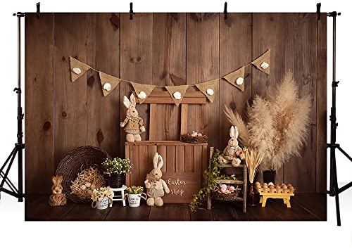 MEHOFOND 2,1x1,5 m Toile de Fond d'anniversaire thème de la Fille bohème Bunny Eggs Fleur Pampas Herbe Fête Bannière Mur en Bois Boutique de Pâques Fond Boho Printemps Jardin Gâteau Décorations