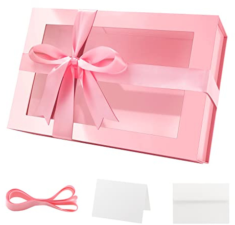 Packqueen Große rosa Geschenkbox mit Fenster, 34,9 x 22,9 x 10,4 cm, transparente Muttertagsgeschenkbox für Geschenk, Karte, Brautjungfernantragsbox mit magnetischem Deckel (glänzendes Rosa)