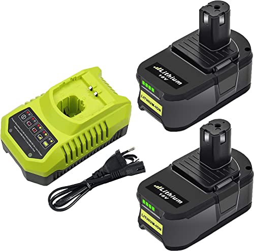 【2Pack】 5.5Ah P108 Ersatz für Ryobi Akku 18V mit 3A 9.6V -18V Ladegerät für Ryobi BCL1418H Ladegerät P108 P107 P105 P100 P101 RB18L40 RB18L50 Akku LED Indikator