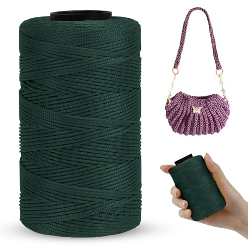 LEREATI Polyester Macrame Cord 1mm x 230m, Polyester Yarn for Crocheting, Braided Polypropylene Crochet Bag Cord Macrame Yarn for Handbag, Beading, DIY Crafts (Dunkelgrün)