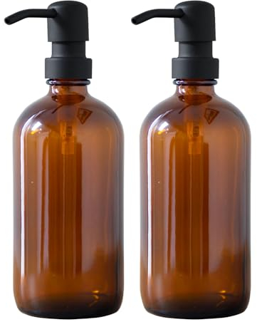 VAKOWOO 2 Pack Amber Glass Soap Dispenser with Stainless Steel Pump, 500ml Refillable Hand & Dish Soap Dispenser for Bathroom, Kitchen, Laundry Room