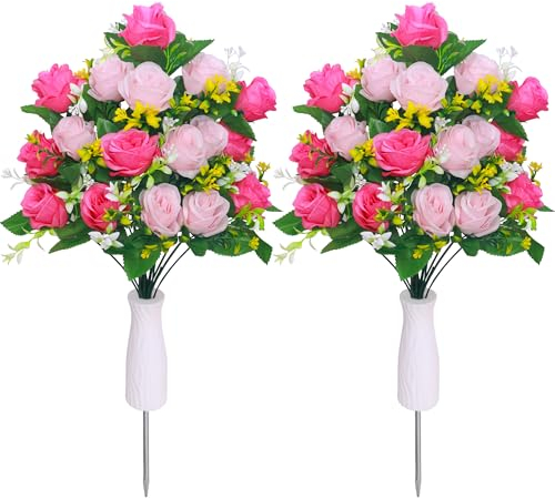 Lodou Künstliche Friedhofsblumen, Grabblumen, Grabdekorationen, Rosen, Friedhofsgedenkblumen mit Friedhofsvase für Grabarrangements (2, Rot und Rosa)