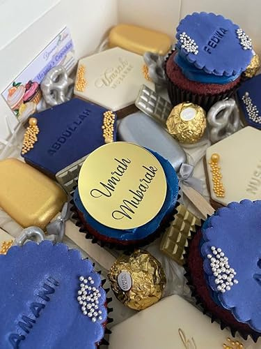 6 Umrah Mubarak Cupcake Discs, Gold, Acrylic Disc, Reusable Cupcake Toppers, Cake Decoration, Hamper Gift Tags, Charms.
