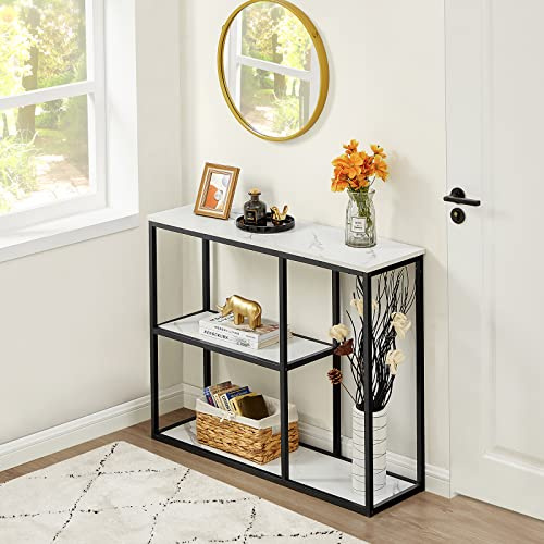 WOHOMO Console Table 30cm Narrow Entryway Table for Living Room 80cm Modern Industrial Sofa Table with 3-Tier Storage Shelves for Corridor, Hallway, White Marble