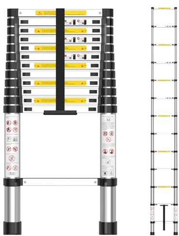 arvioo Teleskopleiter, Ausziehleiter mit 13 Sprossen, Max. Arbeitshöhe 4,5 m, Mit Klettverschluss, Leicht zu Verstauen & Transport, Klappbar, Platzsparend, Belastbar bis 150 kg (Leiterlänge 3,8 m)
