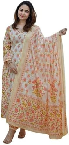 Aizza Trends Pantaloni afghani Kurti stampati floreali in cotone da donna con set Dupatta, Arancione, XL