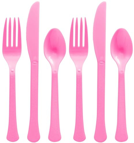 Surtido de cubiertos reutilizables de plástico rosa brillante, paquete de 80 (tenedores, cuchillos, cucharas), perfecto para fiestas, picnics y celebraciones de vacaciones