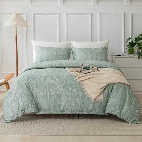 Freyamy Housse de Couette 220x240 Vert Feuilles Floral Parure de lit 2 Personne en Microfibre avec Fermeture Éclair Réversible Sets de Housse Couette avec 2 Taie d'oreiller 65 x 65 pour Filles Femmes