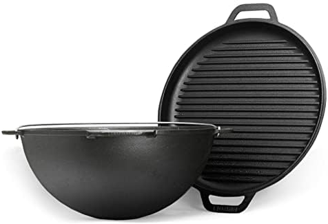 Schwenktopf 12L Kazan aus Gusseisen Kasan Asien Kessel mit Deckel-Grillpfanne Gusstopf Campingtopf mit Deckel - Bratpfanne Grill Dutch Oven Tatarskij Wok Outdoorküche Gulaschkanone Grillwok