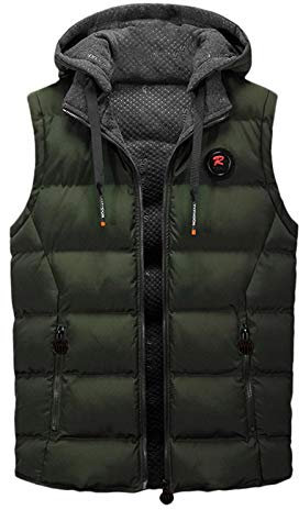 Herrväst kroppsvärmare i fleece, herr lätt väst varm vinterväst värmare vadderade västar dubbel varm fleece väst utomhus varm ärmlös jacka quiltad puffer väst huva ärmlös jackor, Armégrönt, XL
