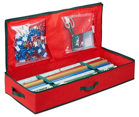 Relaxdays Contenitore Carta Regalo, Scatola Scomparti Porta Rotoli, Nastri, Palline, Addobbi Natale e Feste, Rosso Nero, Cartone, HLP: 14,5x81x35 cm