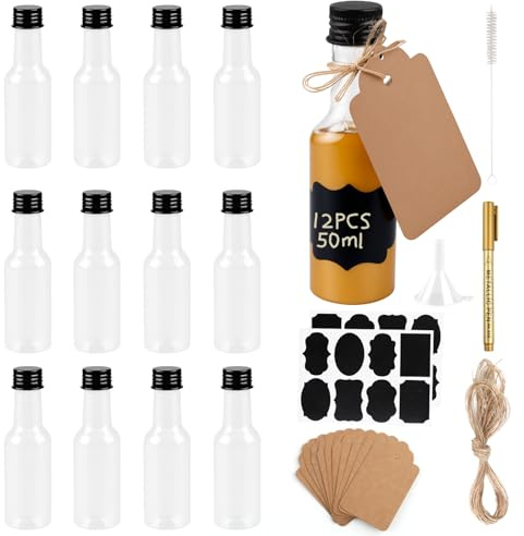 Mini Liquor Bottles 12 Pack, 50ml Reusable Plastic Empty Spirit Bottles | Mini Shot Bottles, Empty Miniature Bottle, with Screw Cap Pen Brush Funnels Hang Tags Ropes Labels for Beer Juice