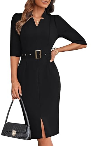 GRACE KARIN Damen V-Ausschnitt 3/4 Ärmel Bodycon Kleid Elegant Slim Fit Cocktailkleid mit Gürtel Formelle Business Kleid