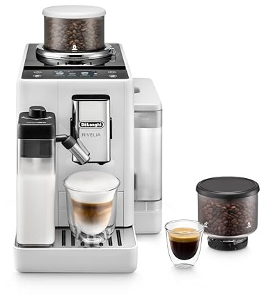 De'Longhi Rivelia Automatic Espresso Machine with Grinder & Milk Frother – All-in-One Coffee Maker, Hot & Iced Latte, Cappuccino, Bean Switch System, Burr Grinder, Compact Italian Design, White