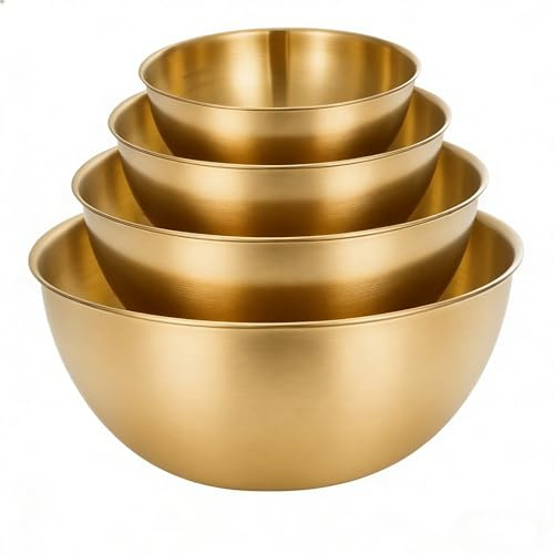 ORFCP Rührschüssel 4er-Set Edelstahl Schüssel Set, 4 Größen von Schüsseln - 0.7 L/ 1.2 L/ 1.8 L/ 2 L, Spülmaschinenfest Salatschüsseln, Snackschalen Teigschüssel, Gold