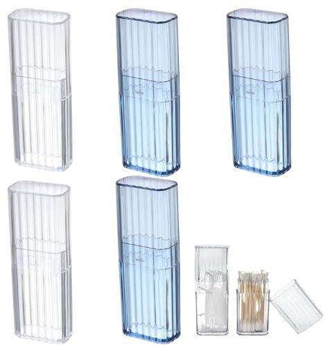 5pcs Portable Cotton Bud Storage Case, 10.4 Cm X 3.4 Cm X 2.1 Cm，Cotton Swab Holder For Travel, Mini Storage Box With Dustproof Lid For Cotton Swabs Hair Ties Toothpicks Cosmetics(Blue,Transparent)