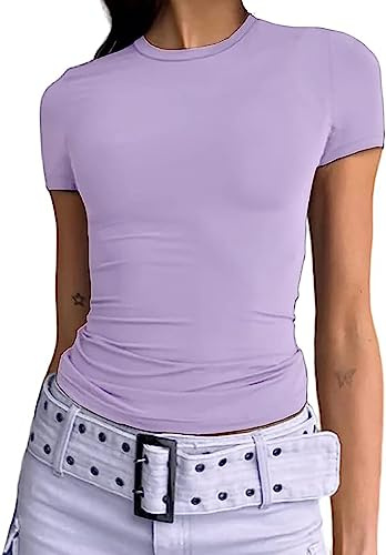 OZYILIAN T-Shirt da Donna con Top Corto a Maniche Corte di Base, Girocollo, Tinta Unita, Aderente, Y2K