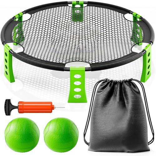 Kezidhp Kit Roundnet Premium - Jeu d'Extérieur Complet avec 2 Balls Haute Qualité, Pompe, Filets Renforcés, Sac de Transport & Accessoires - pour Plage, Pelouse, Jardin & Parc