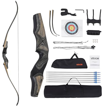 VEVOR Recurve Bow and Arrows Kit, 60 inch Wooden Takedown Bows, Right Handed Ergonomic Archery Recurve Bow Package, Longbow for Outdoor Target Training Practice Hunting, Beginners to Advanced, 30 lbs