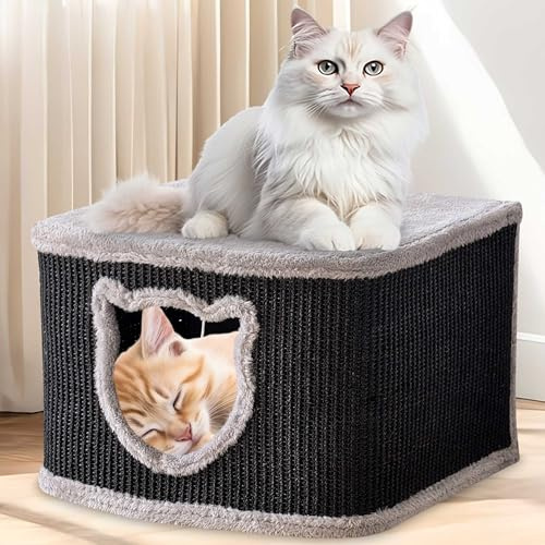 zooprinz Katzenhaus schwarz mit Sisal-Wänden und Plüsch | Katzenkorb und Katzenhöhle mit Spielball, Katzenbox und Katzenkiste im skandinavischen Look