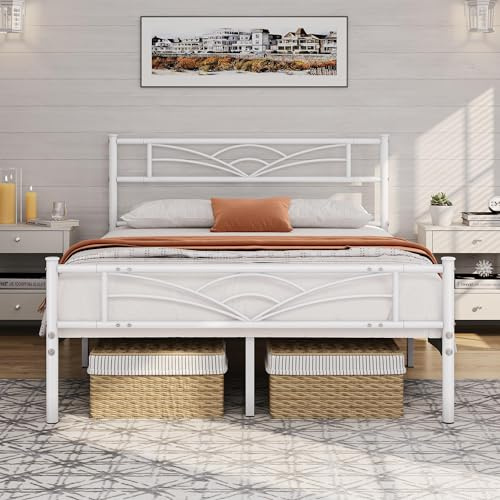 Yaheetech Cama Doble con Espacio Bajo Marco Metal Altura 32 cm Cama Individual con Cabecera para Colchón de 135 x 190 cm Blanco