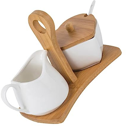 GRIRIW Juego De Utensilios De Cocina De Cerámica Blanca Pura Con Soporte De Almacenamiento, Contenedor Para Azúcar y Jarra De Leche, Acabado Suave, Con Cuchara y Bandeja, Adecuado Para Uso Doméstico